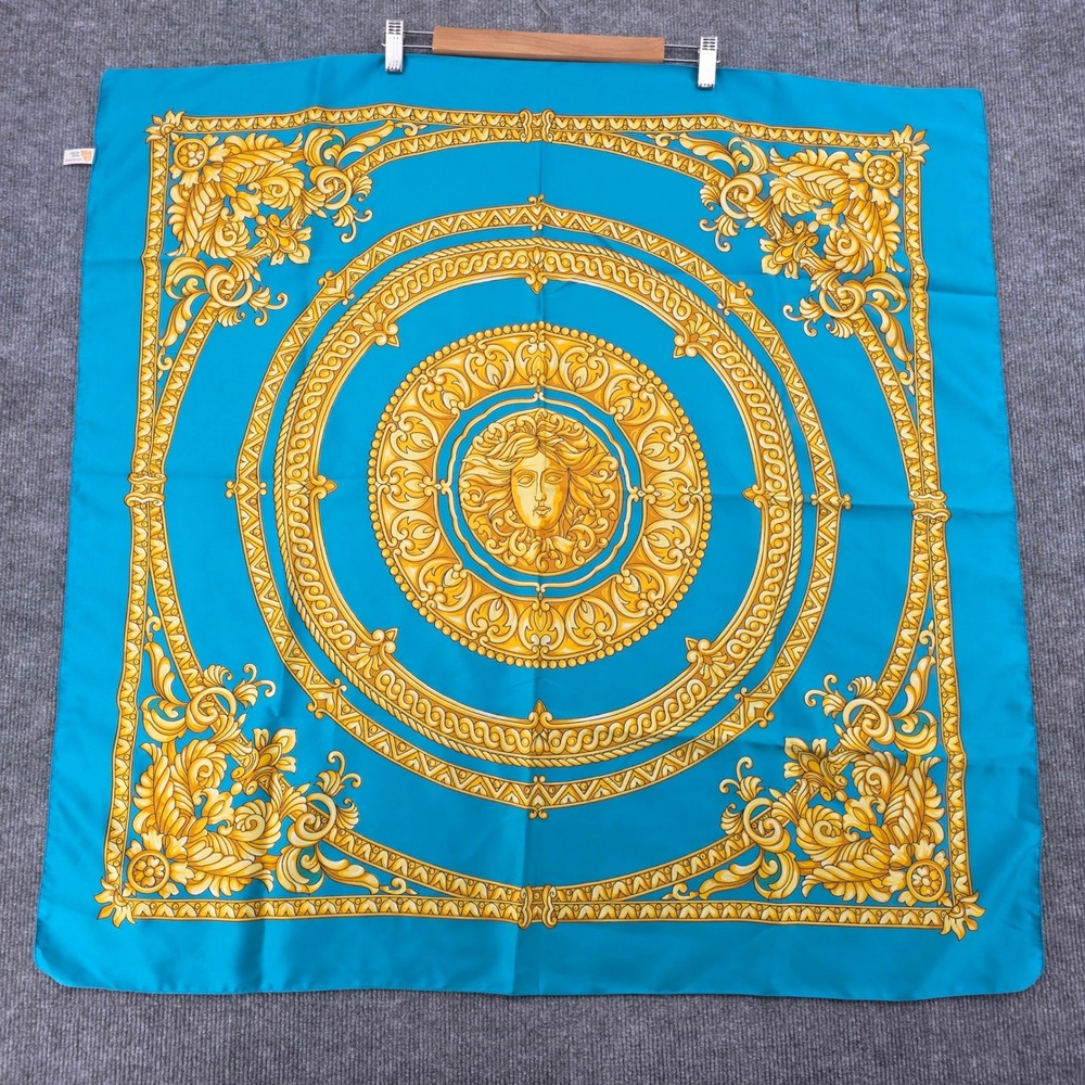 Made in Italy Medusa Baroque Scarf Turquoise Blue Gold Square 34.5x34.5 Large